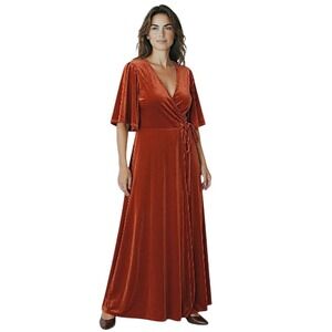 Balticborn Maxi Wrap Dress Women 2XL Velvet Orange Terracotta V Neck Flutter NEW